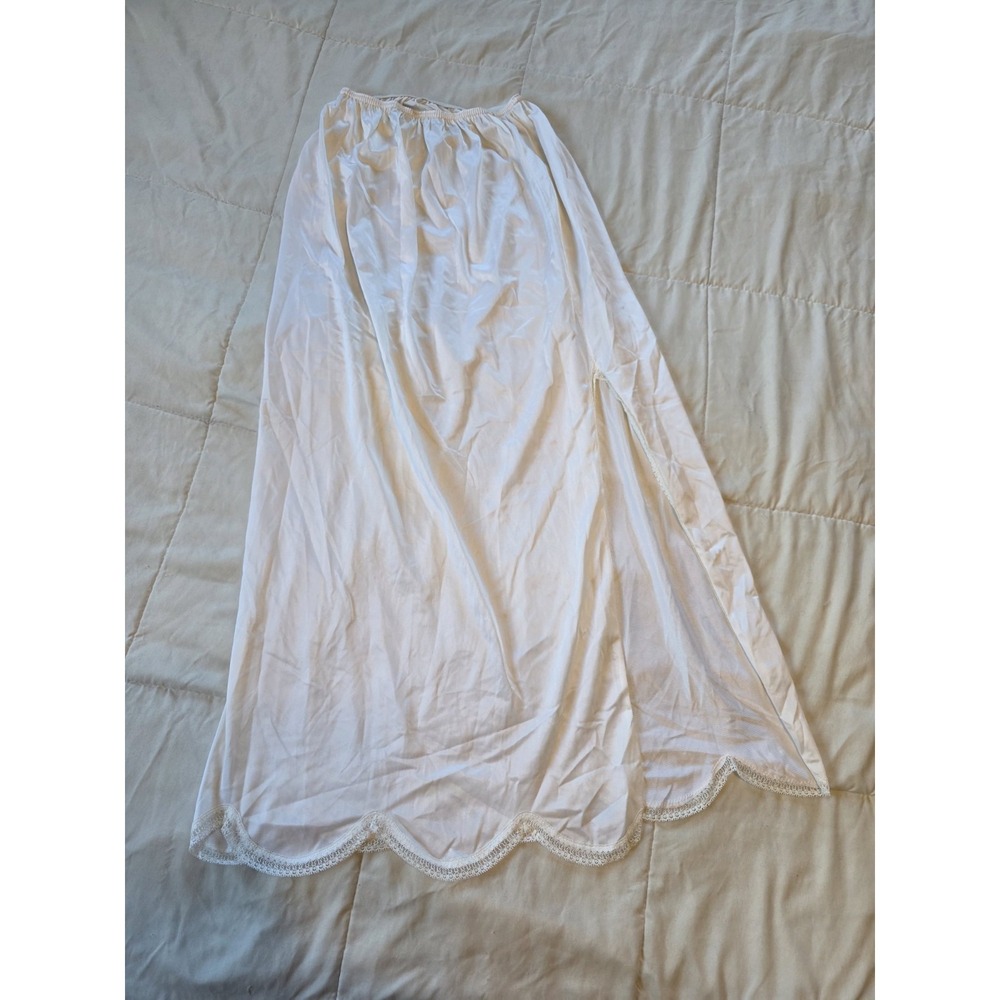 Womens White and Lace Slip Skirt Long Size Small Elastic Waist Front Slit